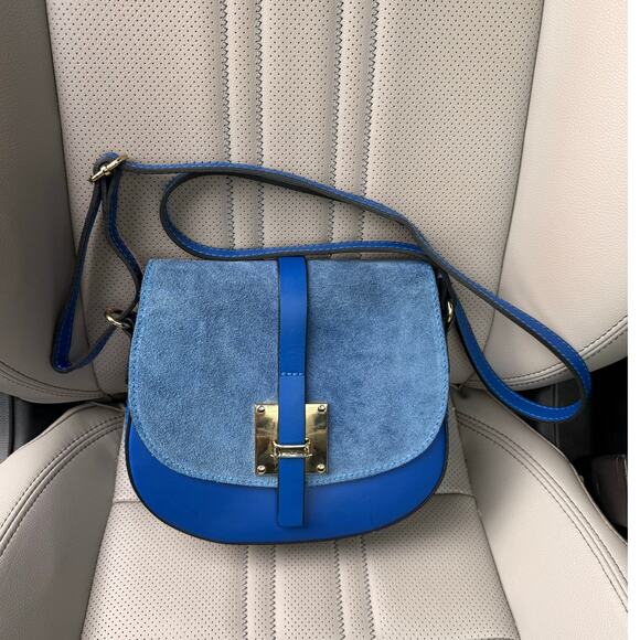 Vera Pelle Handbags - Vera Pelle Italy Women's Leather Shoulder Crossbody Bag Blue Suede Flap